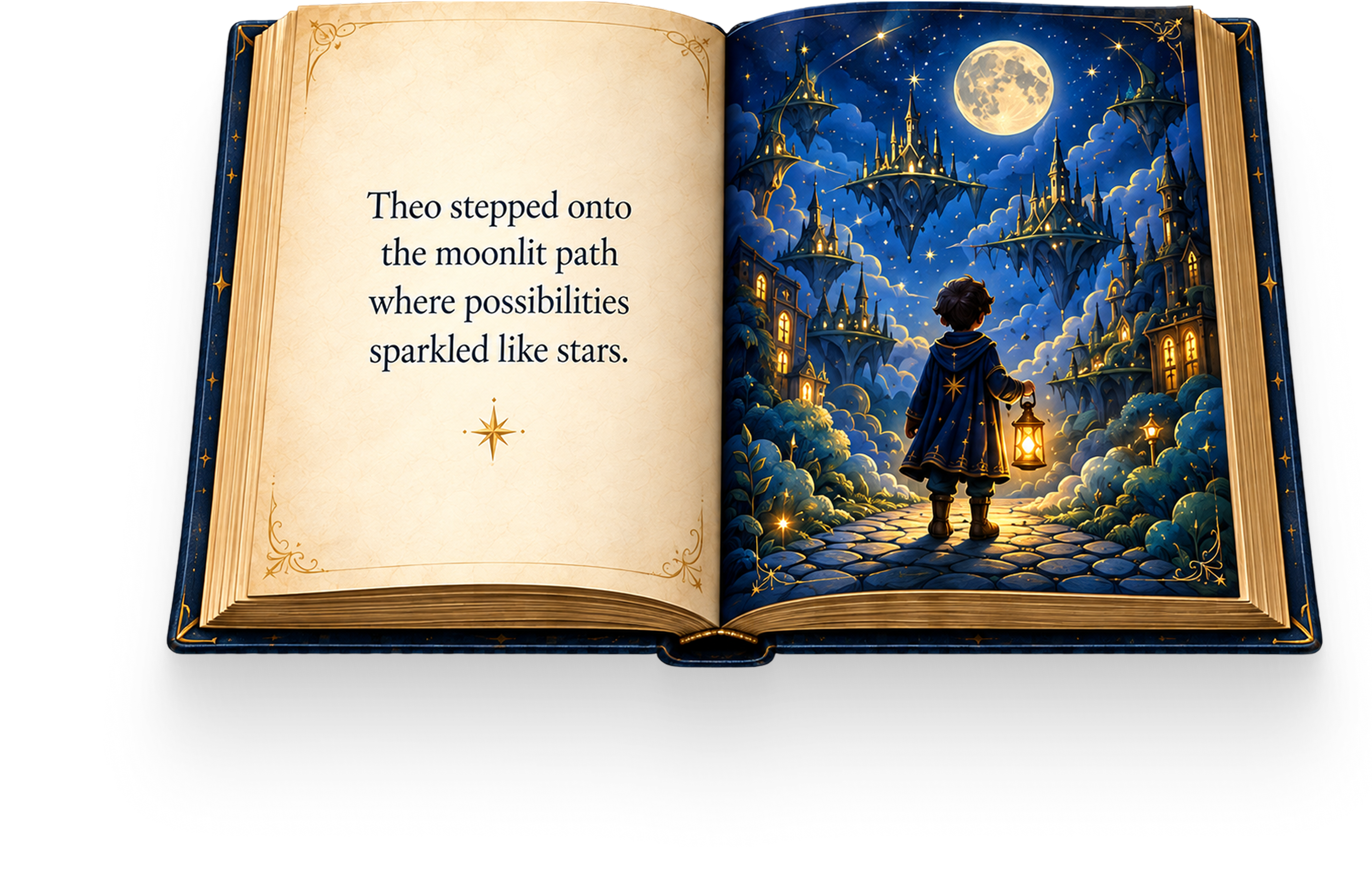 An open storybook: Theo stepped onto the moonlit path where possibilities sparkled like stars.
