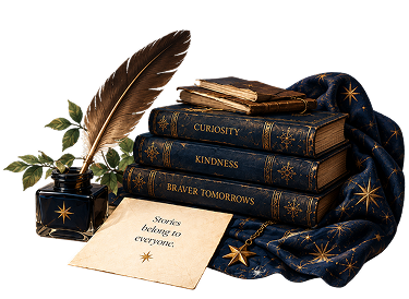 Quill, ink bottle and books