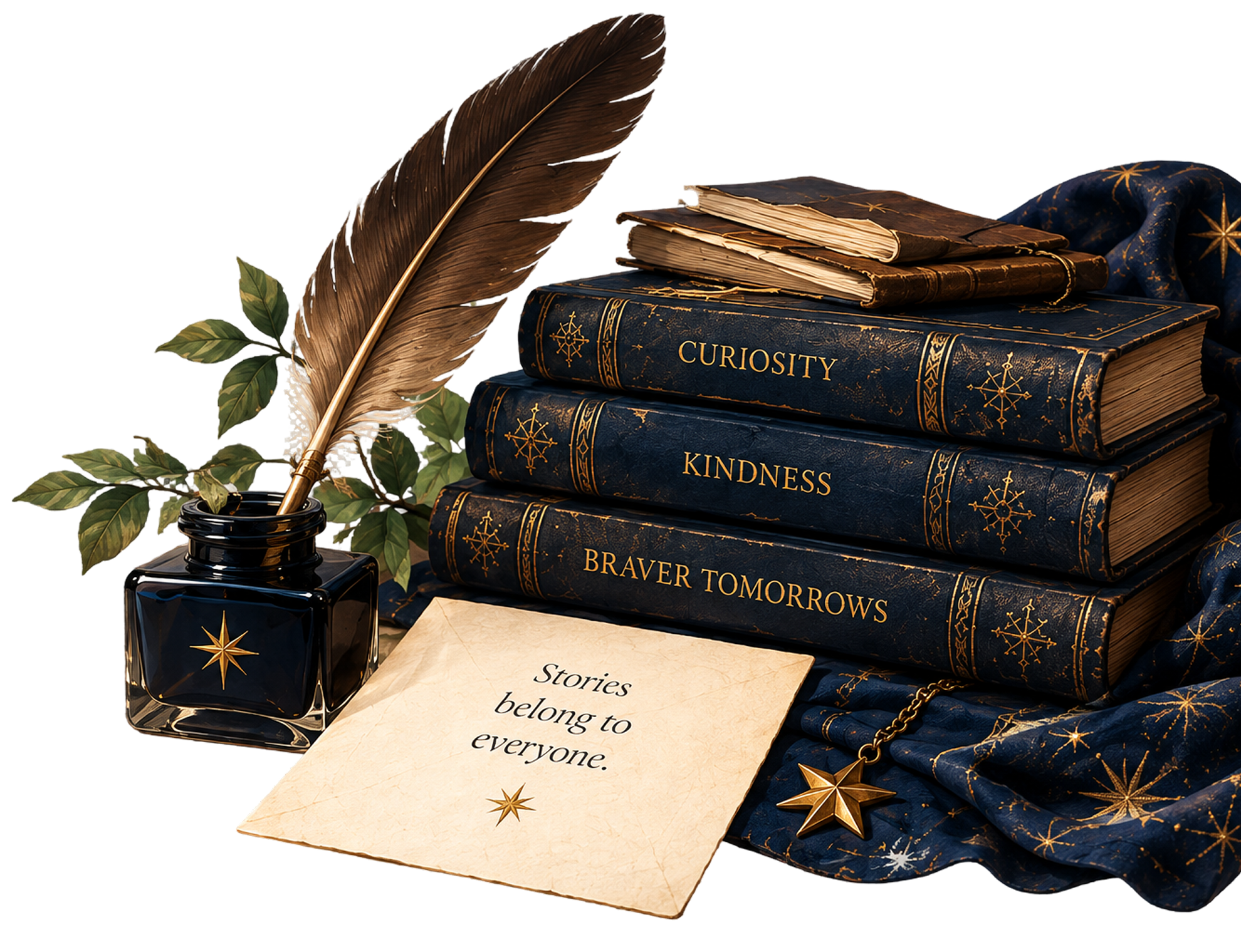 Quill, ink bottle and books